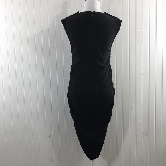 Of Mercer Black Bodycon Midi Dress Womens 2 Sleeveless Snap Shoulder Shirred - Picture 3 of 11
